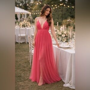 Hot Pink Tulle Maxi Dress Deep V Plunge Formal Gown Wedding Guest Barbiecore Lg